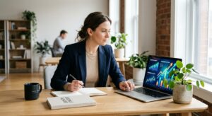 オフィスでノートパソコンのデータチャートを確認しながら、ノートにメモを取る女性。